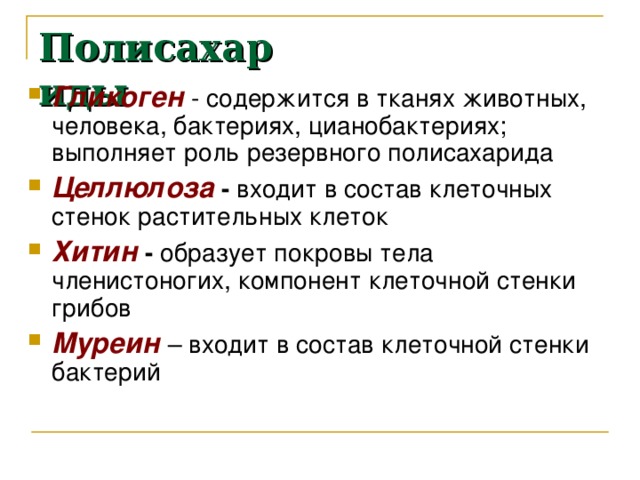 Полисахариды Гликоген  - содержится в тканях животных, человека, бактериях, цианобактериях; выполняет роль резервного полисахарида Целлюлоза - входит в состав клеточных стенок растительных клеток Хитин - образует покровы тела членистоногих, компонент клеточной стенки грибов Муреин – входит в состав клеточной стенки бактерий 