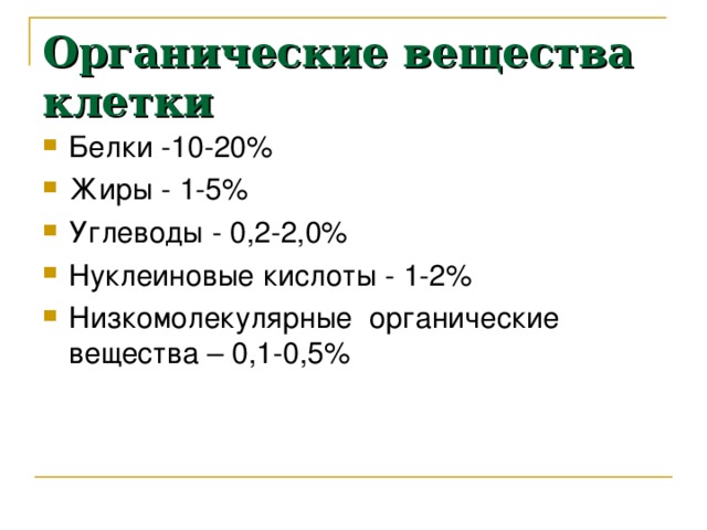 Органические вещества клетки Белки -10-20% Жиры - 1-5% Углеводы - 0,2-2,0% Нуклеиновые кислоты - 1-2% Низкомолекулярные органические вещества – 0,1-0,5% 