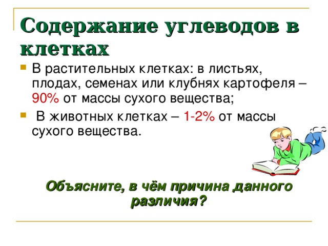 Содержание углеводов в клетках В растительных клетках: в листьях, плодах, семенах или клубнях картофеля – 90% от массы сухого вещества;  В животных клетках – 1-2% от массы сухого вещества.   Объясните, в чём причина данного различия? 