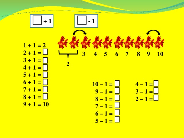 + 1 - 1 1 + 1 = 2 2 + 1 = 3 + 1 = 4 + 1 = 5 + 1 = 6 + 1 = 7 + 1 = 8 + 1 = 9 + 1 = 10 10 9 7 6 4 3 8 5 2 10 – 1 =  9 – 1 =  8 – 1 =  7 – 1 =  6 – 1 =  5 – 1 = 4 – 1 = 3 – 1 = 2 – 1 = 