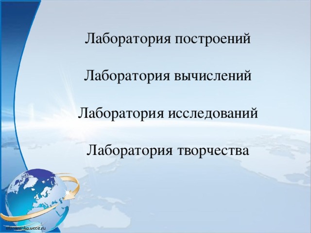 Лаборатория построений Лаборатория вычислений Лаборатория исследований Лаборатория творчества 