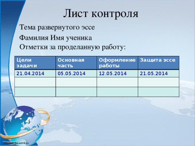 Лист контроля Тема развернутого эссе Фамилия Имя ученика Отметки за проделанную работу: Цели задачи Основная часть 21.04.2014 05.05.2014 Оформление работы Защита эссе 12.05.2014 21.05.2014 