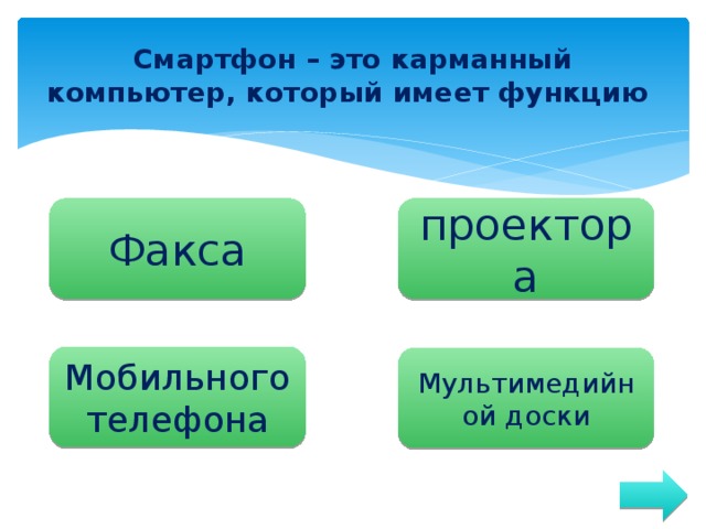 Смартфон – это карманный компьютер, который имеет функцию Факса проектора Мобильного телефона Мультимедийной доски 