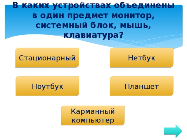 В каких устройствах объединены в один предмет монитор, системный блок, мышь, клавиатура? Стационарный Нетбук Ноутбук Планшет Карманный компьютер 