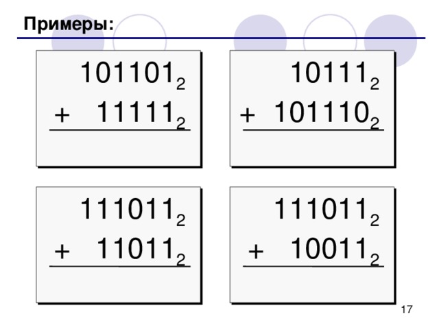 Примеры: 101101 2 + 11111 2 10111 2 + 101110 2 111011 2 + 11011 2 111011 2 + 10011 2 