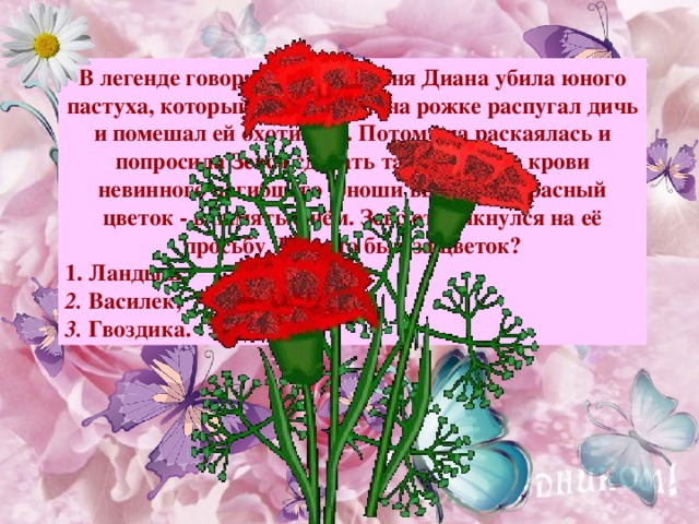 В легенде говорится, что богиня Диана убила юного пастуха, который своей игрой на рожке распугал дичь и помешал ей охотиться. Потом она раскаялась и попросила Зевса сделать так, чтобы из крови невинного погибшего юноши вырос прекрасный цветок - в память о нём. Зевс откликнулся на её просьбу. Что это был за цветок? 1. Ландыш; 2. Василек; 3. Гвоздика. Примечание : для выхода ответа, кликните мышкой на свободном поле.  
