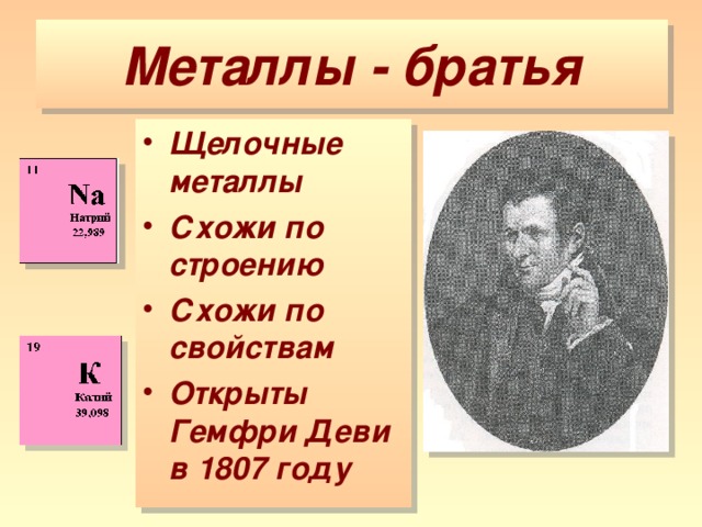 Металлы - братья Щелочные металлы Схожи по строению Схожи по свойствам Открыты Гемфри Деви в 1807 году 