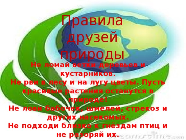 Правила друзей природы Не ломай ветки деревьев и кустарников. Не рви в лесу и на лугу цветы. Пусть красивые растения останутся в природе! Не лови бабочек, шмелей, стрекоз и других насекомых. Не подходи близко к гнёздам птиц и не разоряй их. Не оставляй в лесу, на лугу, у реки, у моря мусор. 