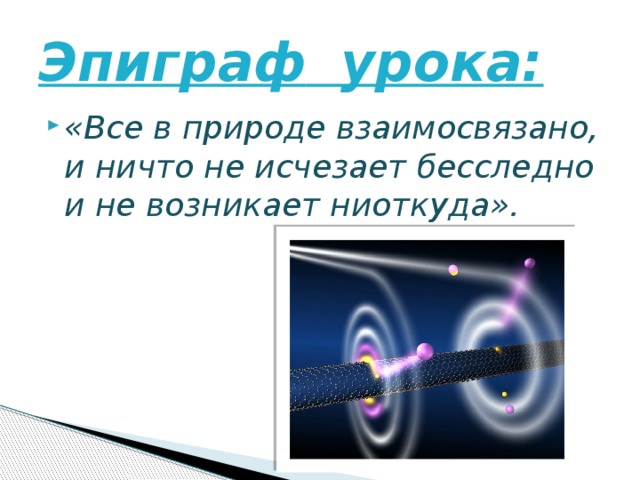Эпиграф  урока: «Все в природе взаимосвязано, и ничто не исчезает бесследно и не возникает ниоткуда». 