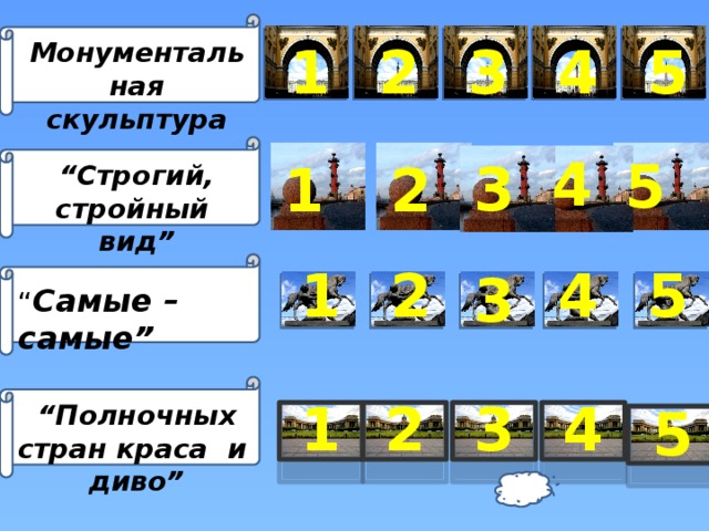 2 5 4 3 1 Монументальная скульптура 4 5 3 1 2 “ Строгий, стройный вид” 4 1 2 5 3 “ Самые – самые” 4 3 2 1 5 “ Полночных стран краса и диво” 
