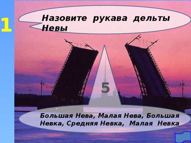 1 Назовите рукава дельты Невы 5 Большая Нева, Малая Нева, Большая Невка, Средняя Невка, Малая Невка 