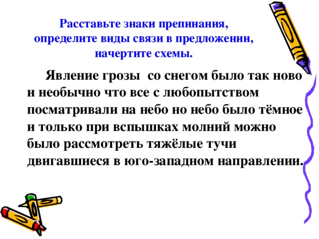 Расставьте знаки препинания, определите виды связи в предложении, начертите схемы. Явление грозы со снегом было так ново и необычно что все с любопытством посматривали на небо но небо было тёмное и только при вспышках молний можно было рассмотреть тяжёлые тучи двигавшиеся в юго-западном направлении.  