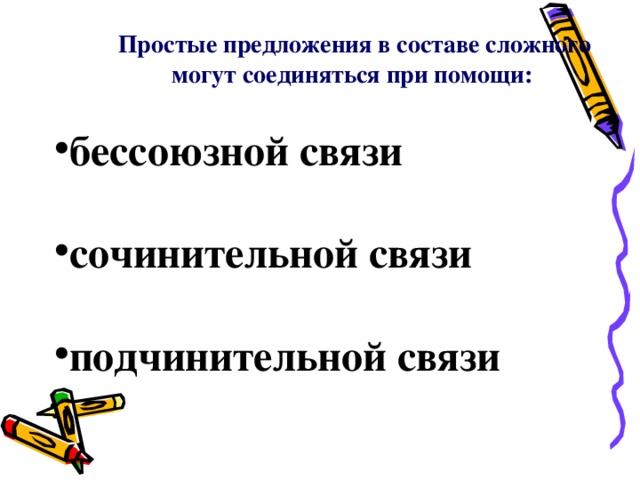 Простые предложения в составе сложного могут соединяться при помощи:  бессоюзной связи  сочинительной связи  подчинительной связи 