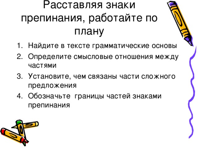 Расставляя знаки препинания, работайте по плану Найдите в тексте грамматические основы Определите смысловые отношения между частями Установите, чем связаны части сложного предложения Обозначьте границы частей знаками препинания 