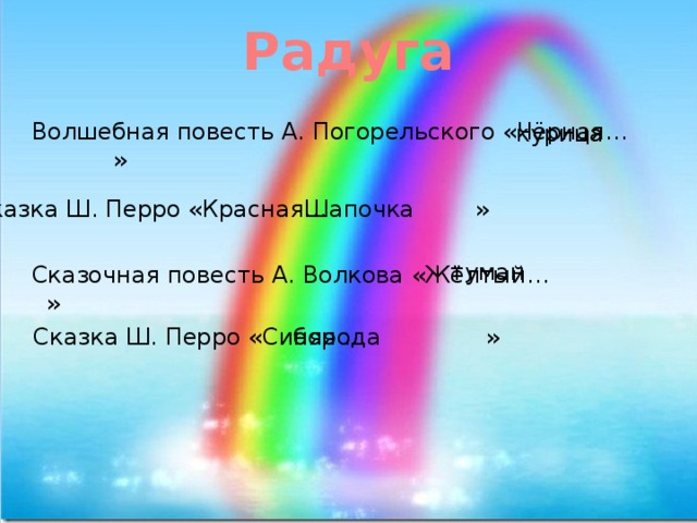 Радуга Волшебная повесть А. Погорельского «Чёрная… » курица Сказка Ш. Перро «Красная… » Шапочка туман Сказочная повесть А. Волкова «Жёлтый… » борода Сказка Ш. Перро «Синяя … » 