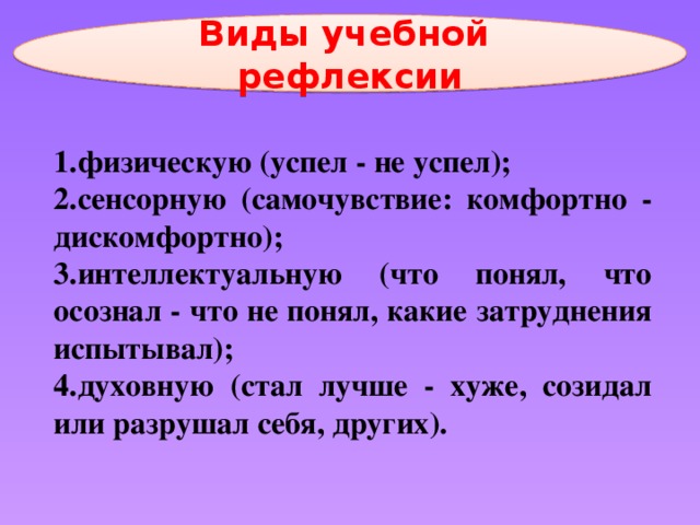 Виды учебной рефлексии 1.физическую (успел - не успел); 2.сенсорную (самочувствие: комфортно - дискомфортно); 3.интеллектуальную (что понял, что осознал - что не понял, какие затруднения  испытывал); 4.духовную (стал лучше - хуже, созидал или разрушал себя, других). 