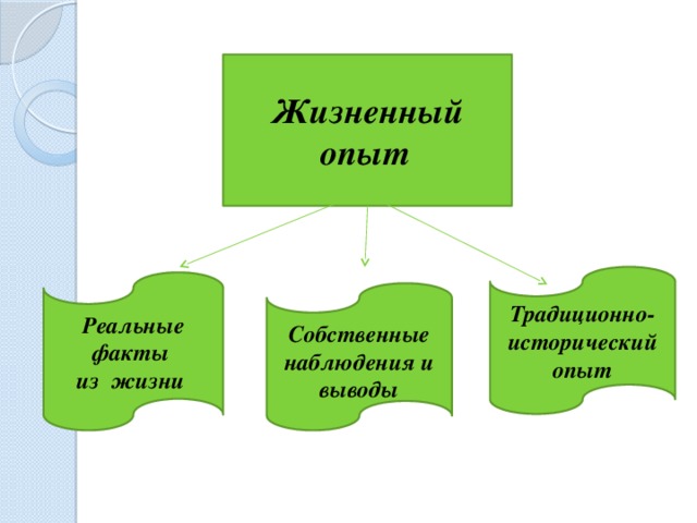 Жизненный опыт  Традиционно- исторический опыт Реальные факты из жизни  Собственные наблюдения и выводы  