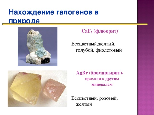 Нахождение галогенов в природе CaF 2 (флюорит)  Бесцветный,желтый, голубой, фиолетовый   AgBr ( бромаргирит ) - примеси к другим минералам  Бесцветный, розовый, желтый 