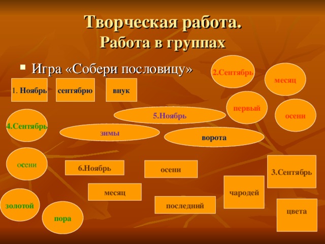 Творческая работа.  Работа в группах 2.Сентябрь Игра «Собери пословицу» месяц 1. Ноябрь сентябрю внук первый осени 5.Ноябрь 4.Сентябрь зимы ворота о с ени 3.Сентябрь осени 6.Ноябрь чародей месяц золотой последний цвета  пора 