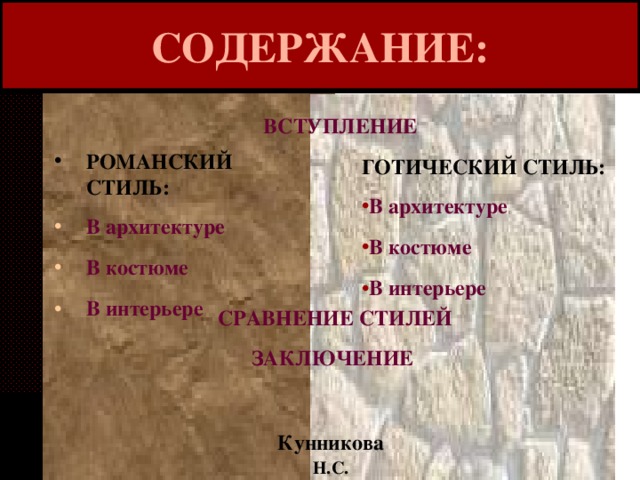 СОДЕРЖАНИЕ: ВСТУПЛЕНИЕ РОМАНСКИЙ СТИЛЬ: В архитектуре В костюме В интерьере ГОТИЧЕСКИЙ СТИЛЬ: В архитектуре В костюме В интерьере СРАВНЕНИЕ СТИЛЕЙ ЗАКЛЮЧЕНИЕ Кунникова  Н.С. 