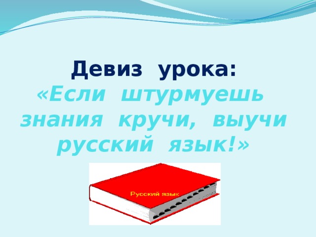 Девиз урока:  «Если штурмуешь знания кручи, выучи русский язык!» 