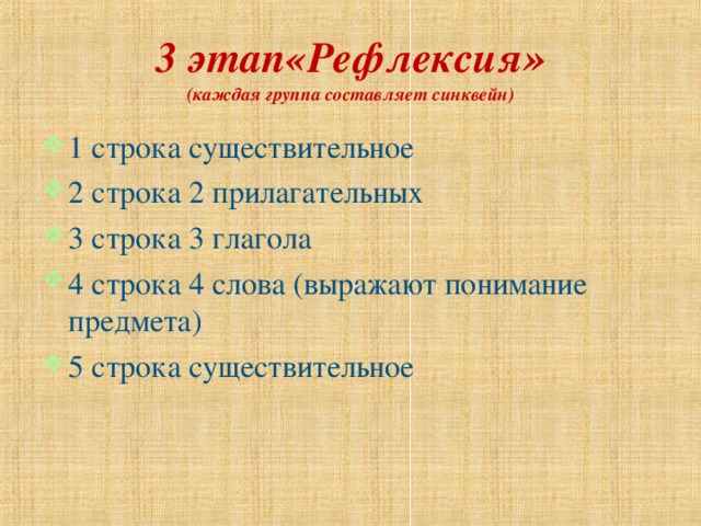 3 этап«Рефлексия »  (каждая группа составляет синквейн) 1 строка существительное 2 строка 2 прилагательных 3 строка 3 глагола 4 строка 4 слова (выражают понимание предмета) 5 строка существительное 