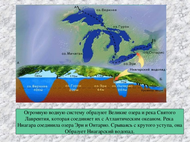 Огромную водную систему образуют Великие озера и река Святого Лаврентия, которая соединяет их с Атлантическим океаном. Река Ниагара соединила озера Эри и Онтарио. Срываясь с крутого уступа, она Образует Ниагарский водопад. 