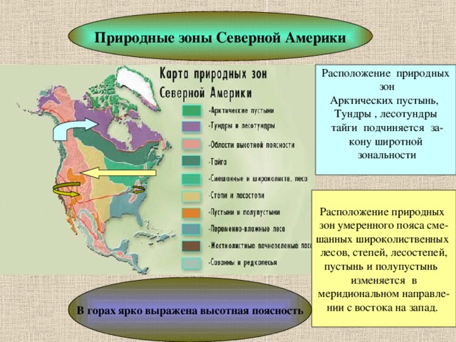 Природные зоны Северной Америки Расположение природных  зон Арктических пустынь, Тундры , лесотундры  тайги подчиняется за- кону широтной  зональности Расположение природных зон умеренного пояса сме- шанных широколиственных лесов, степей, лесостепей, пустынь и полупустынь изменяется в меридиональном направле- нии с востока на запад. В горах ярко выражена высотная поясность 