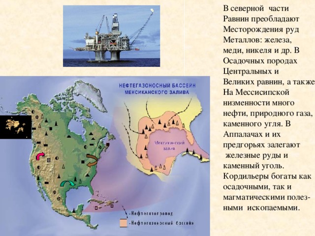 В северной части Равнин преобладают Месторождения руд Металлов: железа, меди, никеля и др. В Осадочных породах Центральных и Великих равнин, а также На Мессисипской низменности много нефти, природного газа, каменного угля. В Аппалачах и их предгорьях залегают  железные руды и каменный уголь. Кордильеры богаты как осадочными, так и магматическими полез- ными ископаемыми. 