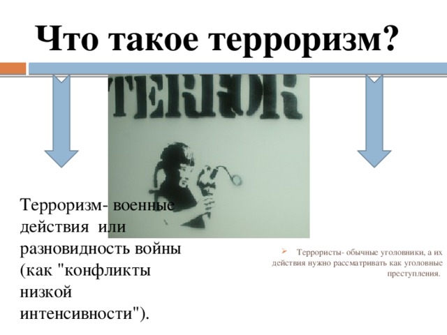 Что такое терроризм?   Террористы- обычные уголовники, а их действия нужно рассматривать как уголовные преступления.   Терроризм- военные действия или разновидность войны (как 