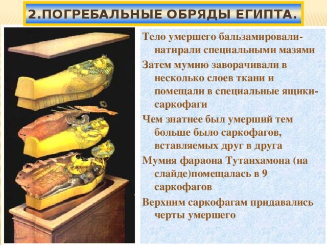 2.Погребальные обряды Египта. Тело умершего бальзамировали-натирали специальными мазями Затем мумию заворачивали в несколько слоев ткани и помещали в специальные ящики-саркофаги Чем знатнее был умерший тем больше было саркофагов, вставляемых друг в друга Мумия фараона Тутанхамона (на слайде)помещалась в 9 саркофагов Верхним саркофагам придавались черты умершего    