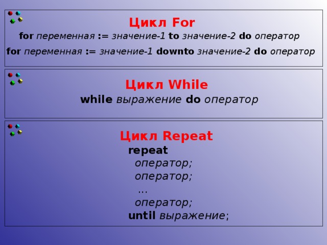 Цикл For for  переменная  :=  значение-1  to  значение-2  do  оператор   for  переменная  :=  значение-1  downto  значение-2  do оператор  Цикл While while  выражение  do  оператор  Цикл Repeat repeat   оператор;   оператор;  ...   оператор;  until  выражение ; 