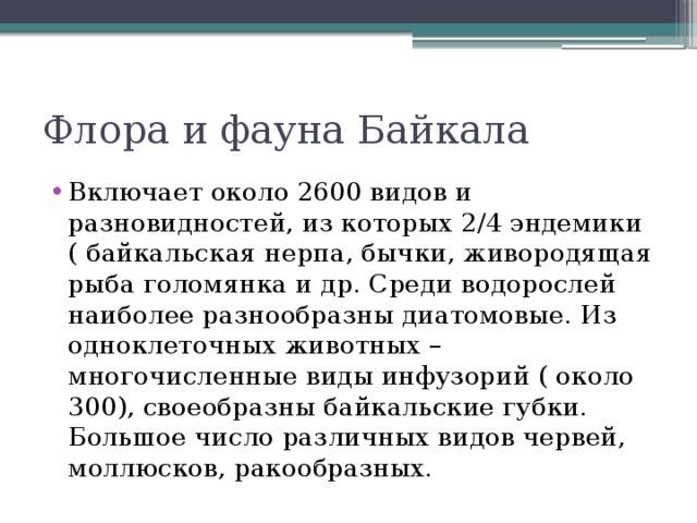 Флора и фауна Байкала Включает около 2600 видов и разновидностей, из которых 2/4 эндемики ( байкальская нерпа, бычки, живородящая рыба голомянка и др. Среди водорослей наиболее разнообразны диатомовые. Из одноклеточных животных – многочисленные виды инфузорий ( около 300), своеобразны байкальские губки. Большое число различных видов червей, моллюсков, ракообразных. 