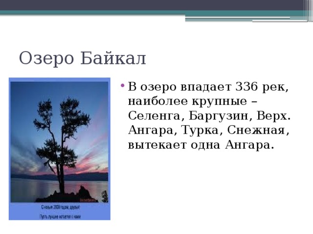 Озеро Байкал В озеро впадает 336 рек, наиболее крупные – Селенга, Баргузин, Верх. Ангара, Турка, Снежная, вытекает одна Ангара. 