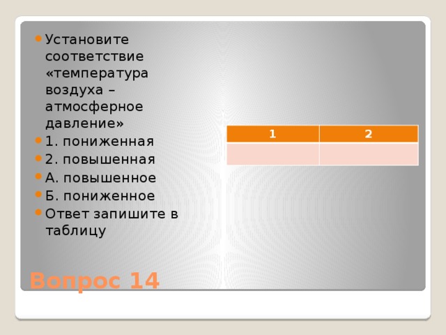 Установите соответствие «температура воздуха – атмосферное давление» 1. пониженная 2. повышенная А. повышенное Б. пониженное Ответ запишите в таблицу 1 2 Вопрос 14 