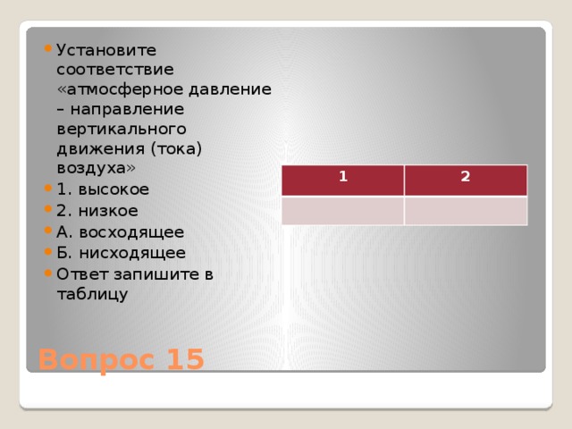 Установите соответствие «атмосферное давление – направление вертикального движения (тока) воздуха» 1. высокое 2. низкое А. восходящее Б. нисходящее Ответ запишите в таблицу 1 2 Вопрос 15 