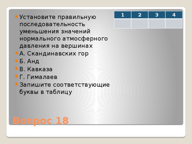 Установите правильную последовательность уменьшения значений нормального атмосферного давления на вершинах А. Скандинавских гор Б. Анд В. Кавказа Г. Гималаев Запишите соответствующие буквы в таблицу 1 2 3 4 Вопрос 18 