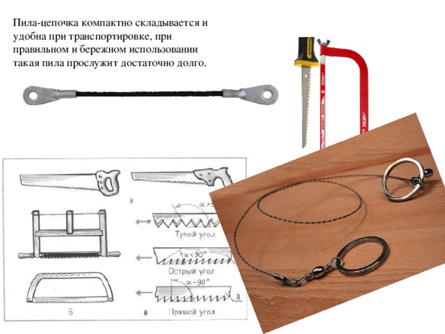 Пила-цепочка компактно складывается и удобна при транспортировке, при правильном и бережном использовании такая пила прослужит достаточно долго. 