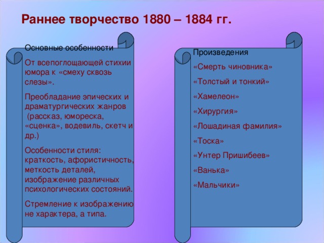 Раннее творчество 1880 – 1884 гг. Основные особенности От всепоглощающей стихии юмора к «смеху сквозь слезы». Преобладание эпических и драматургических жанров (рассказ, юмореска, «сценка», водевиль, скетч и др.) Особенности стиля: краткость, афористичность, меткость деталей, изображение различных психологических состояний. Стремление к изображению не характера, а типа. Произведения «Смерть чиновника» «Толстый и тонкий» «Хамелеон» «Хирургия» «Лошадиная фамилия» «Тоска» «Унтер Пришибеев» «Ванька» «Мальчики» 