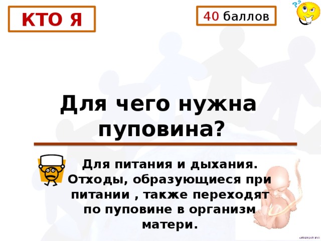 40 баллов КТО Я Для чего нужна пуповина? Для питания и дыхания.  Отходы, образующиеся при питании , также переходят по пуповине в организм матери. 