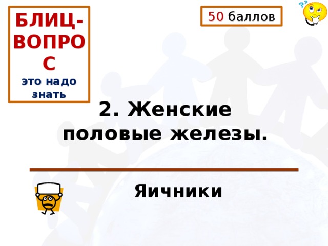 50 баллов БЛИЦ-ВОПРОС это надо знать 2. Женские половые железы.  Яичники 