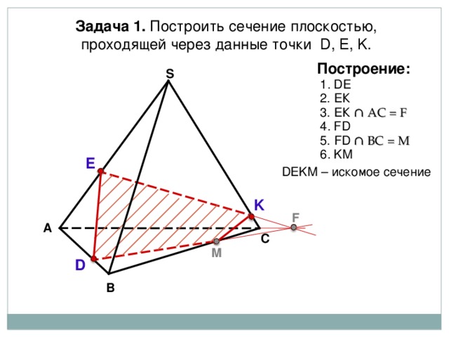 Задача 1. Построить сечение плоскостью, проходящей через  данные точки D, Е, K . Построение: S 1 . DE 2. ЕК 3. ЕК ∩ АС = F 4 . FD 5. FD ∩ B С = M 6 . KM E D Е K М – искомое сечение K F А С M D В 