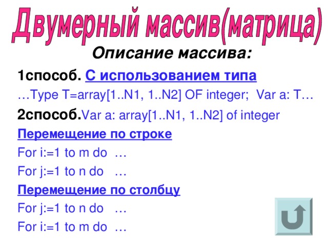    Описание массива: 1способ.  С использованием типа … Type T=array[1..N1, 1..N2] OF integer; Var a: T… 2 способ. Var a: array[1..N1, 1..N2] of integer Перемещение по строке For i:=1 to m do … For j:=1 to n do … Перемещение по столбцу For j:=1 to n do … For i:=1 to m do … 