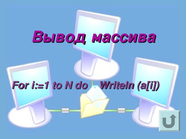  Вывод массива    For i:=1 to N do Writeln (a[i])    