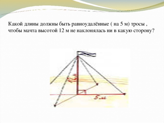 Какой длины должны быть равноудалённые ( на 5 м) тросы , чтобы мачта высотой 12 м не наклонялась ни в какую сторону? 