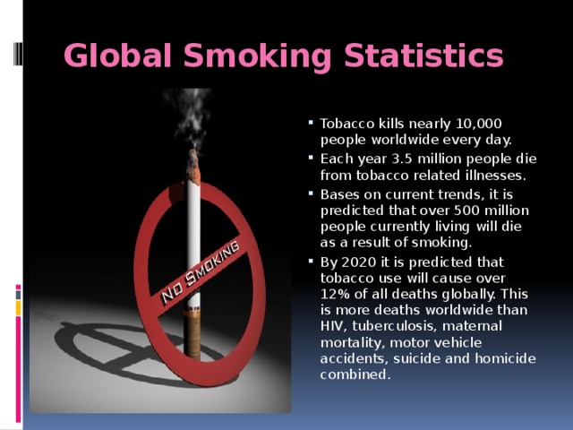 Global Smoking Statistics Tobacco kills nearly 10,000 people worldwide every day.  Each year 3.5 million people die from tobacco related illnesses. Bases on current trends, it is predicted that over 500 million people currently living will die as a result of smoking. By 2020 it is predicted that tobacco use will cause over 12% of all deaths globally. This is more deaths worldwide than HIV, tuberculosis, maternal mortality, motor vehicle accidents, suicide and homicide combined. 