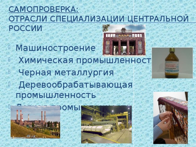 Самопроверка:   отрасли специализации центральной России Машиностроение  Химическая промышленность  Черная металлургия  Деревообрабатывающая промышленность Легкая промышленность 