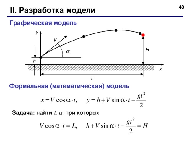  II . Разработка модели Графическая модель y V H  h x L Формальная (математическая) модель Задача: найти t,  , при которых 48 