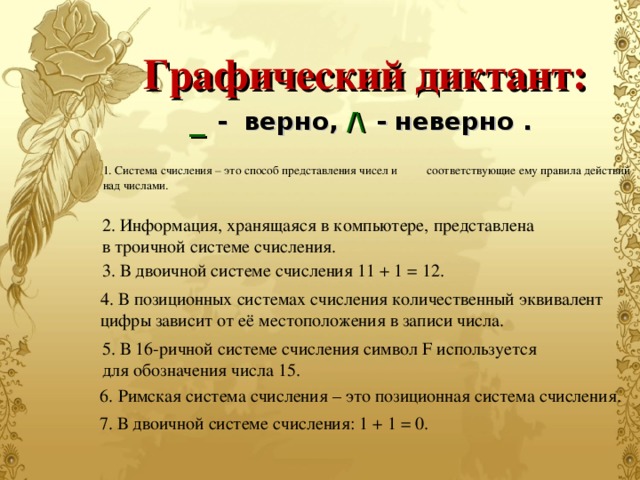 Графический диктант:  _  - верно, /\  - неверно . 1. Система счисления – это способ представления чисел и соответствующие ему правила действий над числами. 2. Информация, хранящаяся в компьютере, представлена в троичной системе счисления. 3. В двоичной системе счисления 11 + 1 = 12. 4. В позиционных системах счисления количественный эквивалент цифры зависит от её местоположения в записи числа. 5. В 16-ричной системе счисления символ F используется для обозначения числа 15. 6. Римская система счисления – это позиционная система счисления. 7. В двоичной системе счисления: 1 + 1 = 0. 