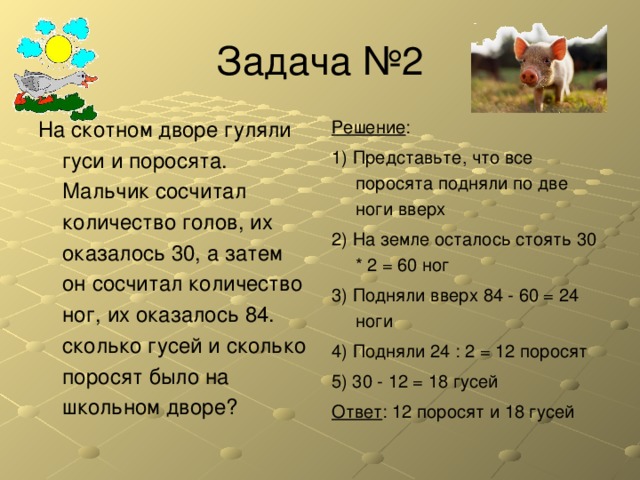 Задача про лапы. На скотном дворе гуляли гуси и поросята. Задачи про головы и ноги 2 класс. Решение задачи про свиней и кур.